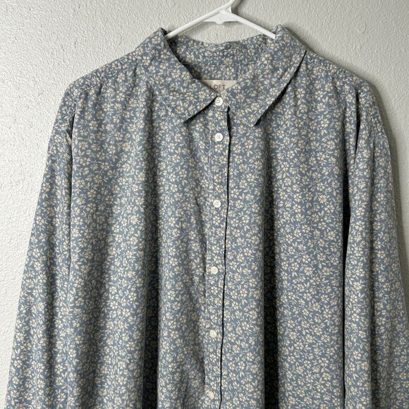 LOFT Floral Corduroy Tunic Button Up Shirt Blue Cream Size XXL - Picture 3 of 8
